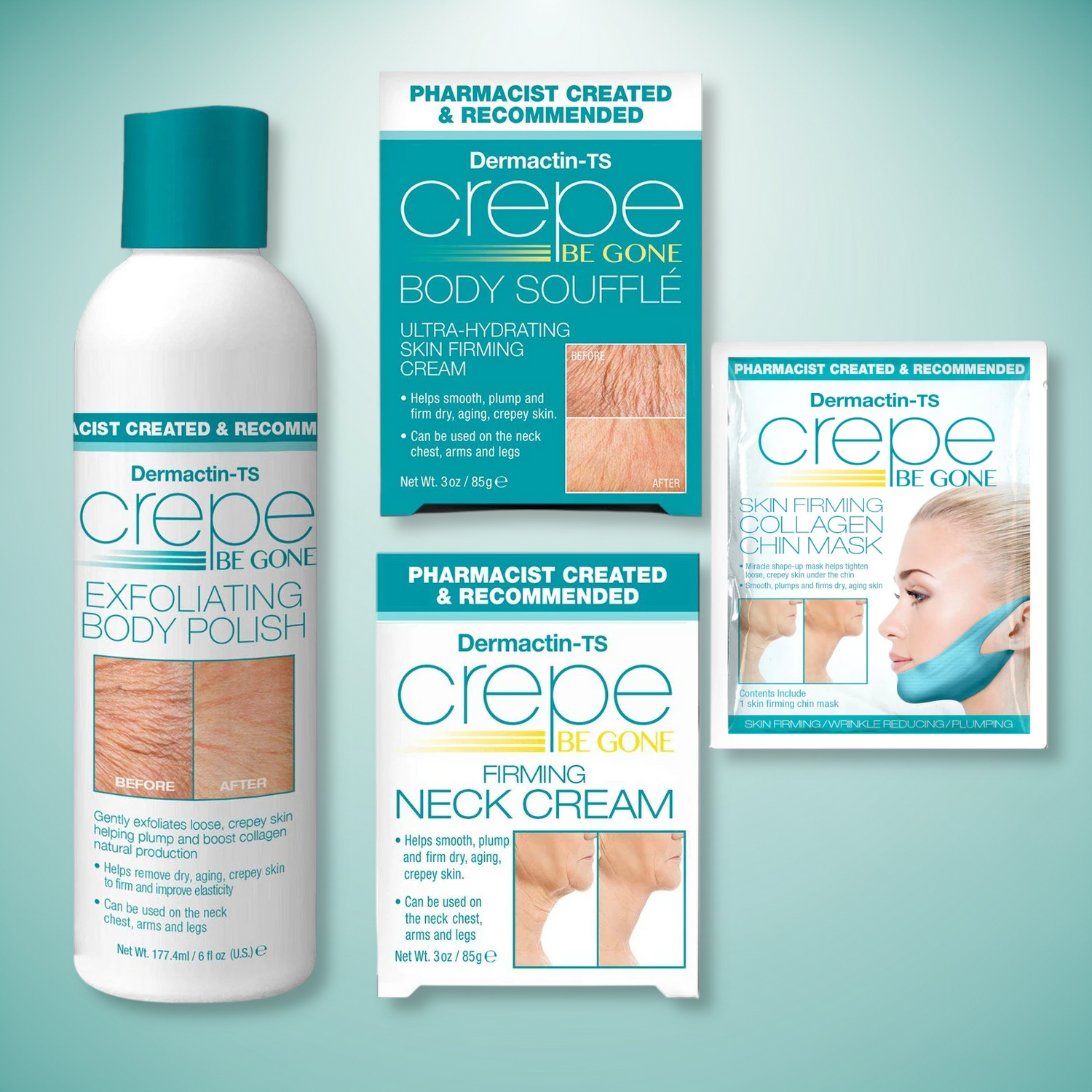 Crepe Be Gone 4-Piece Ultimate Kit - Includes Body Souffle, Neck Cream, Body Polish & Chin Mask